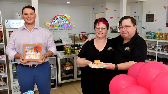 Fudgeville owners Kate and David Tilson with Colliers leasing executive Reagan Stokley. Picture: Evan Morgan