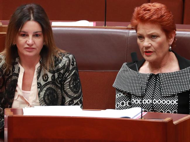 Senator Jacqui Lambie with Pauline Hanson before the vote on the Ensuring Integrity Bill in the Senate chamber on Thursday 28th November 2019. Picture Gary Ramage