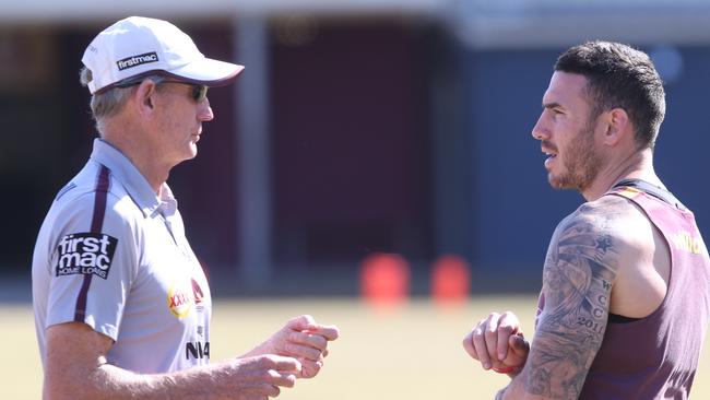 Darius Boyd and Wayne Bennett at Broncos training. Pic Annette Dew