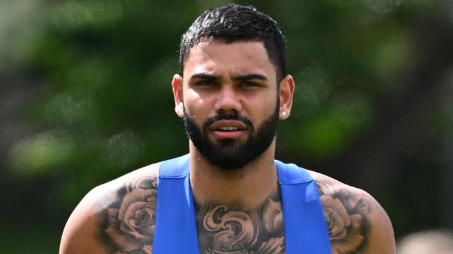 MELBOURNE, AUSTRALIA - NOVEMBER 17: Tarryn Thomas of the Kangaroos runs laps during a North Melbourne Kangaroos AFL training session at Arden Street Ground on November 17, 2023 in Melbourne, Australia. (Photo by Quinn Rooney/Getty Images via AFL Photos)