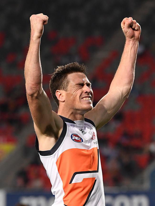 Jeremy Cameron reacts after sealing the Coleman Medal. Picture: AAP Image/Dave Hunt.