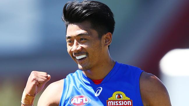 MOE, AUSTRALIA - MARCH 10: Lin Jong of the Bulldogs celebrates a goal during the JLT Community Series AFL match between Collingwood Magpies and the Western Bulldogs at Ted Summerton Recreational Reserve on March 10, 2018 in Moe, Australia.  (Photo by Michael Dodge/Getty Images)