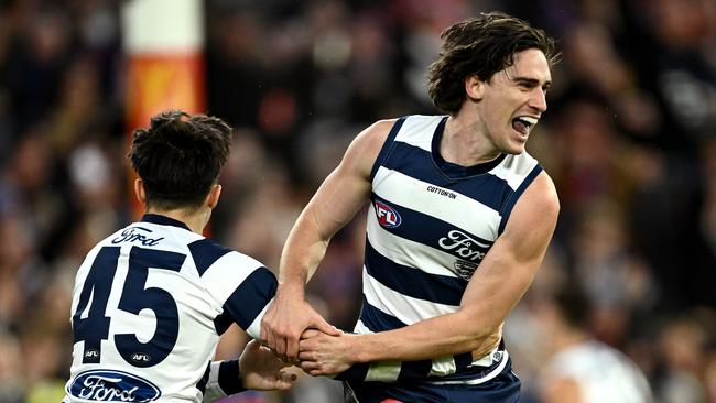 Miers celebrates a goal during the preliminary final against the Lions. (Photo by Quinn Rooney/Getty Images)