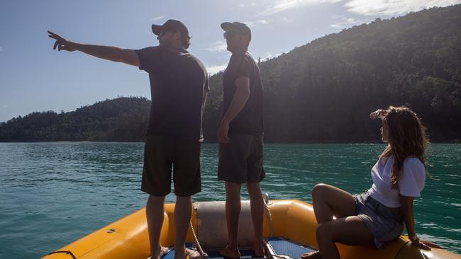 Johnny Gaskell, Frank Solomon, and Laura Wells exploring the Whitsundays in the new Great Barrier Reef documentary ‘Paradise Won't Protect Itself’. Picture: Supplied