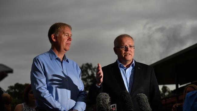 Bert van Manen and Scott Morrison at a press conference in Windaroo in the Flynn electorate. Picture: AAP