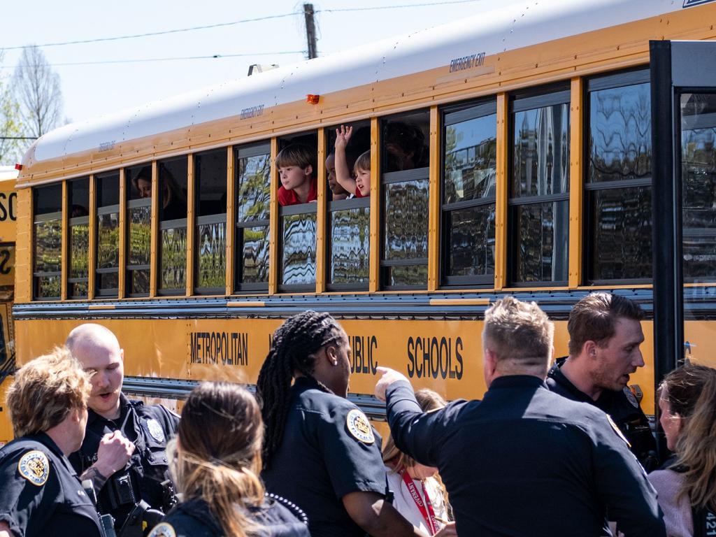 School buses with children arrive at Woodmont Baptist Church to be reunited with their families after a mass shooting at The Covenant School on March 27, 2023 in Nashville, Tennessee. Picture: Seth Herald/Getty Images/AFP