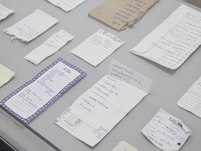 Kenny Pittock’s 52 ceramic replicas of shopping lists found while working in a Melbourne supermarket 2022. Picture: Sean Fennessy