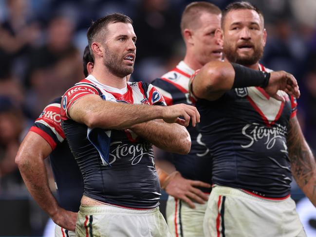 SYDNEY, AUSTRALIA - APRIL 18: James Tedesco of the Roosters reacts after a Storm try during the round seven NRL match between Sydney Roosters and Melbourne Storm at Allianz Stadium on April 18, 2024, in Sydney, Australia. (Photo by Cameron Spencer/Getty Images)