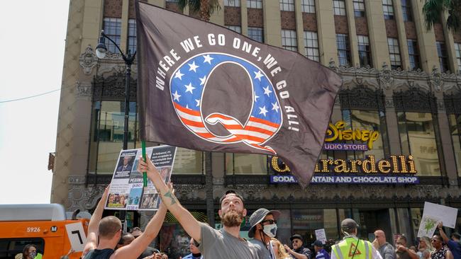 Conspiracy theorist QAnon demonstrators protest child trafficking on Hollywood Boulevard in Los Angeles, California, in August, 2020. Picture: Kyle Grillot / AFP