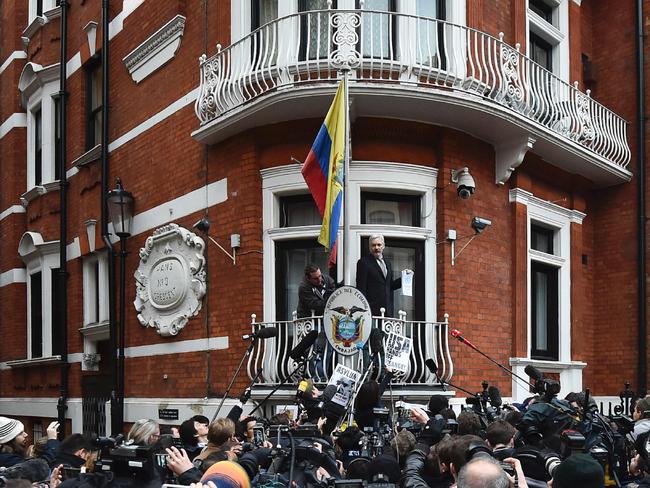 WikiLeaks founder Julian Assange addresses the media from the Ecuadorean Embassy in London. Picture: AFP/Ben Stansall