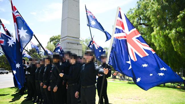 Members of the National Socialist Network (NSN) during their Adelaide counter protest. Picture: Tracey Nearmy/Getty Images