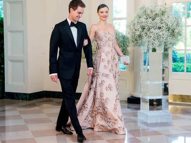 Model Miranda Kerr and her boyfriend, Snapchat CEO Evan Spiegel, arrive for a state dinner for Nordic leaders at the White House in Washington, Friday, May 13, 2016. Nordic leaders are at the White house for a U.S.-Nordic Summit on security and economic issues followed by a State Dinner. (AP Photo/Andrew Harnik)