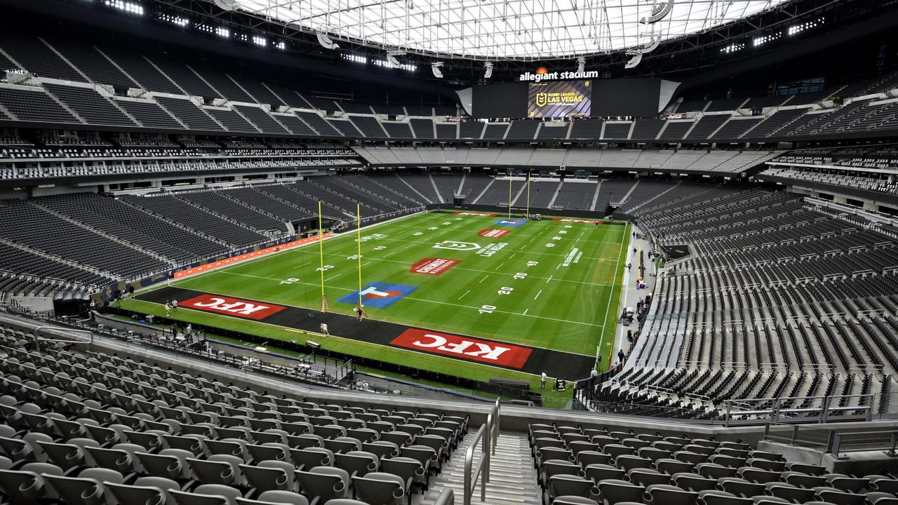 A general view of the playing field at Allegiant Stadium before the NRL Rugby League Las Vegas double header on Friday, March 1, 2024, in Las Vegas. (Photo by David Becker)