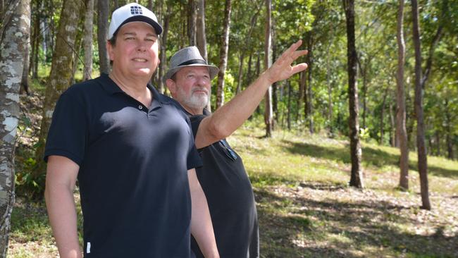 The JAC group managing director Dean Cocker and manager of residential subdivisions Peter King at the site the group has purchased. The Tasmanian-based company will develop a residential estate at Edmonton. Picture: supplied.