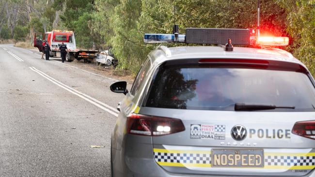 Police at the scene of a fatal accident on Williamstown Road, Cockatoo Valley, in February. Picture: Morgan Sette