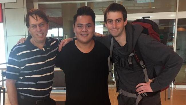 Andrew Gaskell's dad David (left), his friend Hafeez Hamid and brother Ben Gaskell in Malaysia. Picture: SUPPLIED.