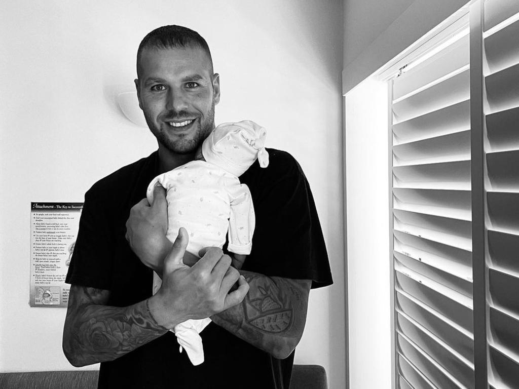 Buddy Franklin at home after the birth of the couple’s second child.