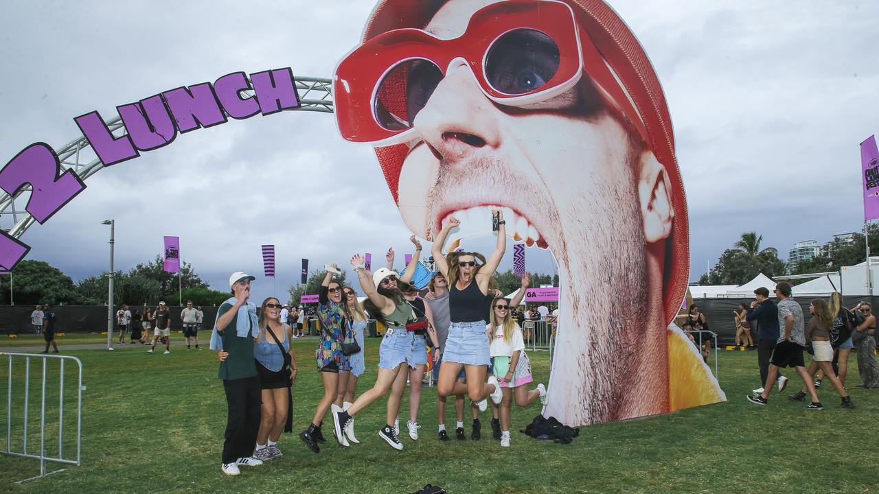 Revellers at the Out 2 Lunch festival on the Coolangatta beachfront. Picture: Glenn Campbell