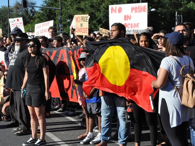 Aboriginal activists are seen during an Australia Day protest in Adelaide, Thursday, Jan. 26, 2017. Picture: Tim Dornin/AAP
