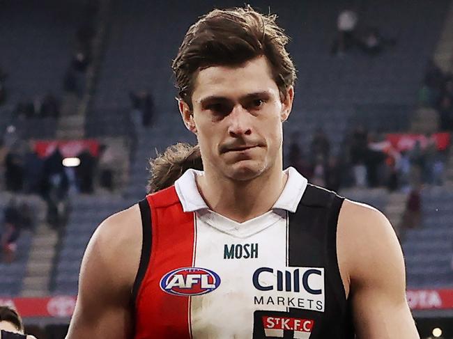 MELBOURNE, AUSTRALIA - September 9 , 2023. AFL . 2nd Elimination Final.      Jack Steele  leads the Saints off the MCG after the elimination final between St Kilda and Greater Western Sydney at the MCG in Melbourne, Australia.  Photo by Michael Klein.