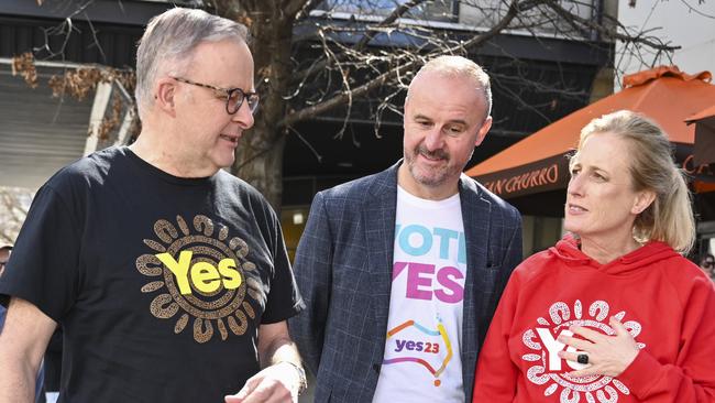 Anthony Albanese with ACT Chief Minister Andrew Barr and federal Finance Minister Katy Gallagher in Canberra. Picture: NCA NewsWire / Martin Ollman