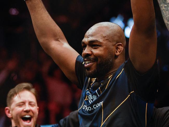 LAS VEGAS, NEVADA - MARCH 04: Jon Jones reacts to his win in the UFC heavyweight championship fight during the UFC 285 event at T-Mobile Arena on March 04, 2023 in Las Vegas, Nevada.   Chris Graythen/Getty Images/AFP (Photo by Chris Graythen / GETTY IMAGES NORTH AMERICA / Getty Images via AFP)