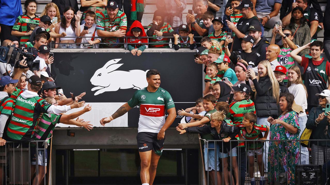 Latrell Mitchell walks on to Redfern Oval to a hero’s welcome. Picture: Sam Ruttyn