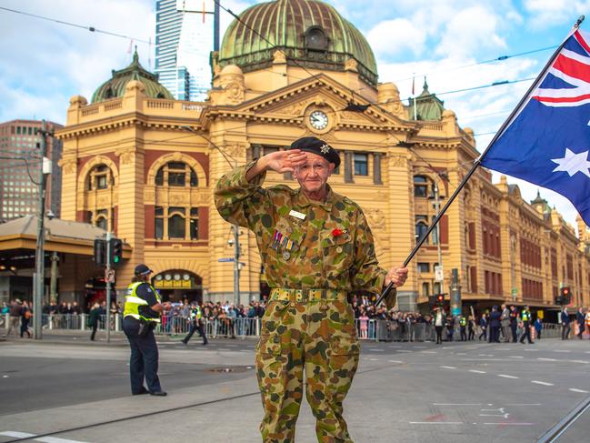 Lance corporal Arthur Davis. ANZAC Day March down Melbourne's St Kilda rd past Flinders Street Station to the Shrine of Remembrance. Picture: Jason Edwards