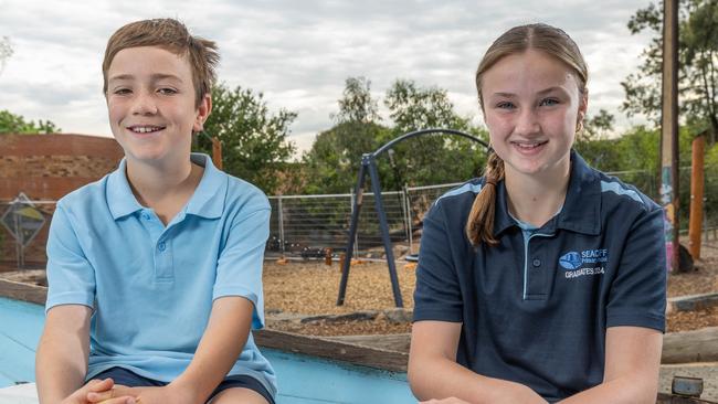 Bonnie, 12 in year 6 and Zac, 10 in year 5 at Seacliff Primary School, which will receive about $500,000 in upgrades. Picture: Ben Clark