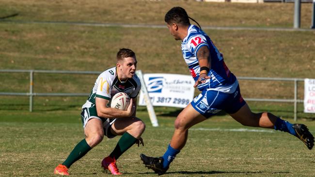 Brothers A-Grade player Elijah Umu. tries to stop Jets captain Jacob Teevan.Picture: Bruce Clayton