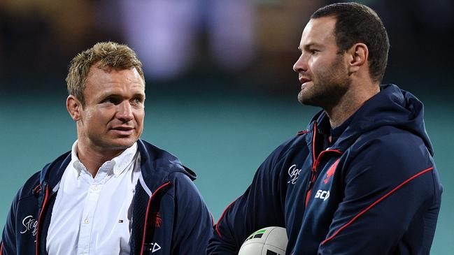 Jake Friend and Boyd Cordner know what Schubert means to the Roosters. Photo: AAP Image/Dan Himbrechts