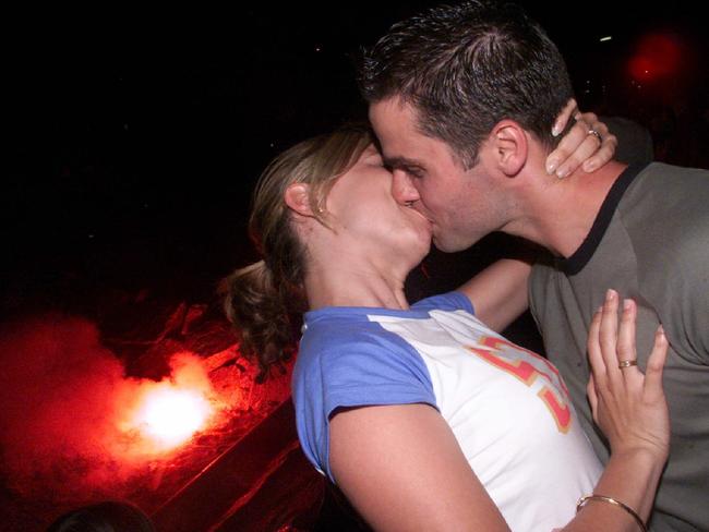 Newlyweds, Fiona and Nick Timperio welcome the new year at Rye in 2000. Picture: Andrew Batsch