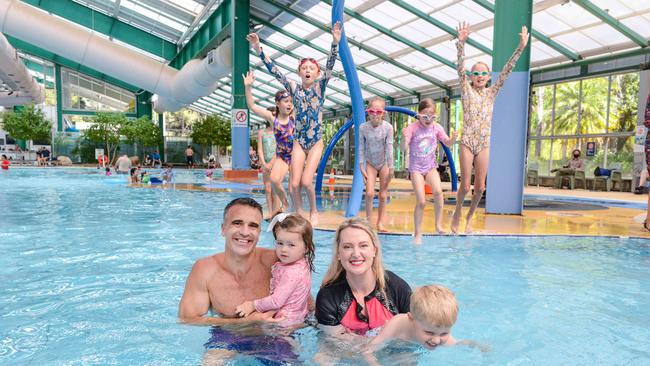 Incoming Premier Peter Malinauskas with his daughter Eliza and the seat of Adelaide Labor candidate Lucy Hood with her son Ned at the Adelaide Aquatic Centre in North Adelaide. Picture: Brenton Edwards