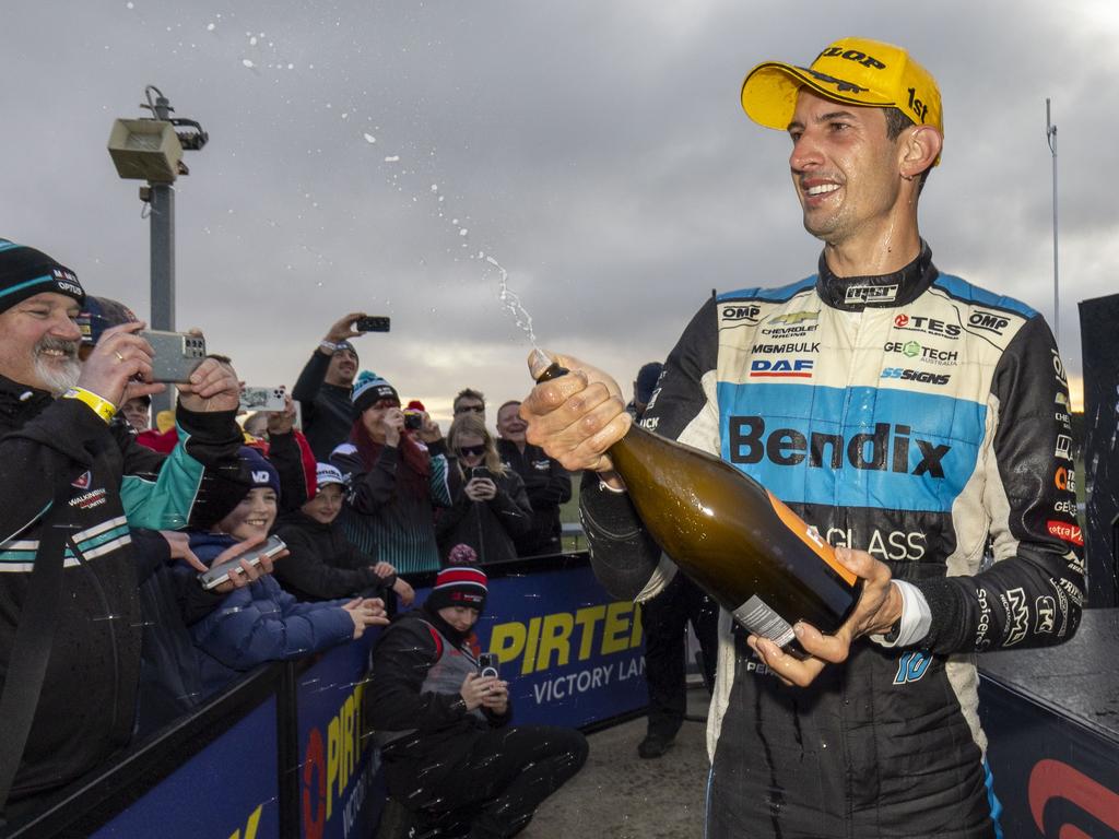 Nick Percat celebrates after winning the Tasmania SuperSprint.