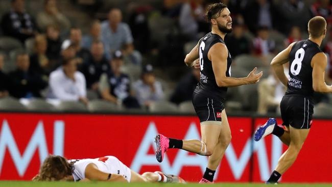 The aftermath of Zac Williams’ bump on Hunter Clark. Picture: Michael Willson/AFL Photos via Getty Images