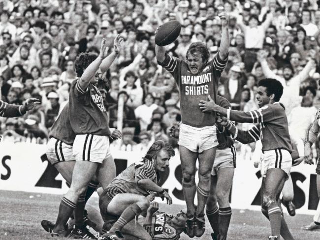 Tom Raudonikis jumps for joy after scoring for Newtown in the 1981 grand final. The Jets were fairytale contenders that year but 24 months later, they were gone.