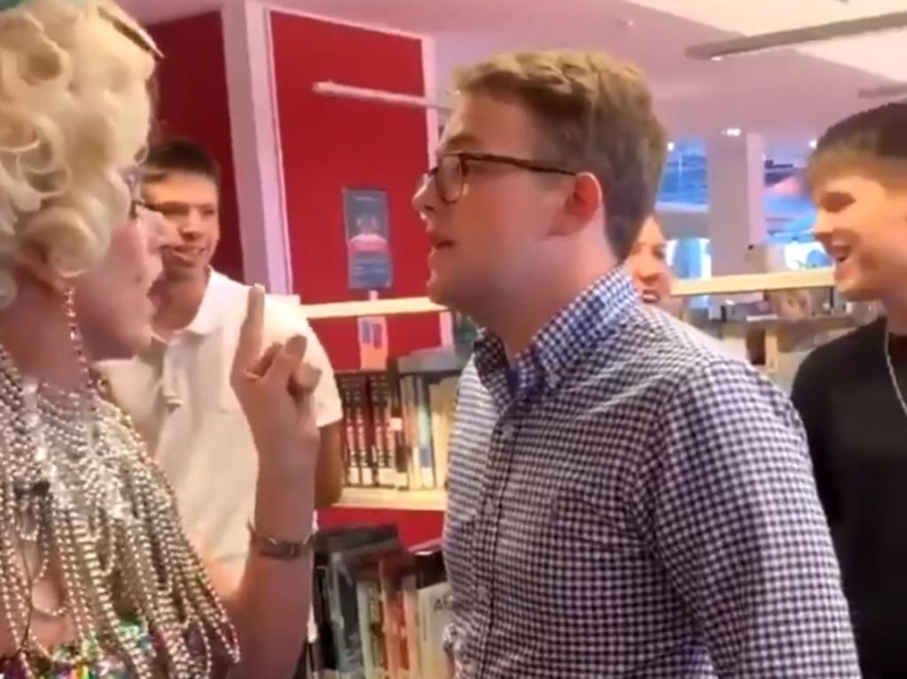 Wilson Gavin leading a chant against a drag queen reading to children at library in Queensland.