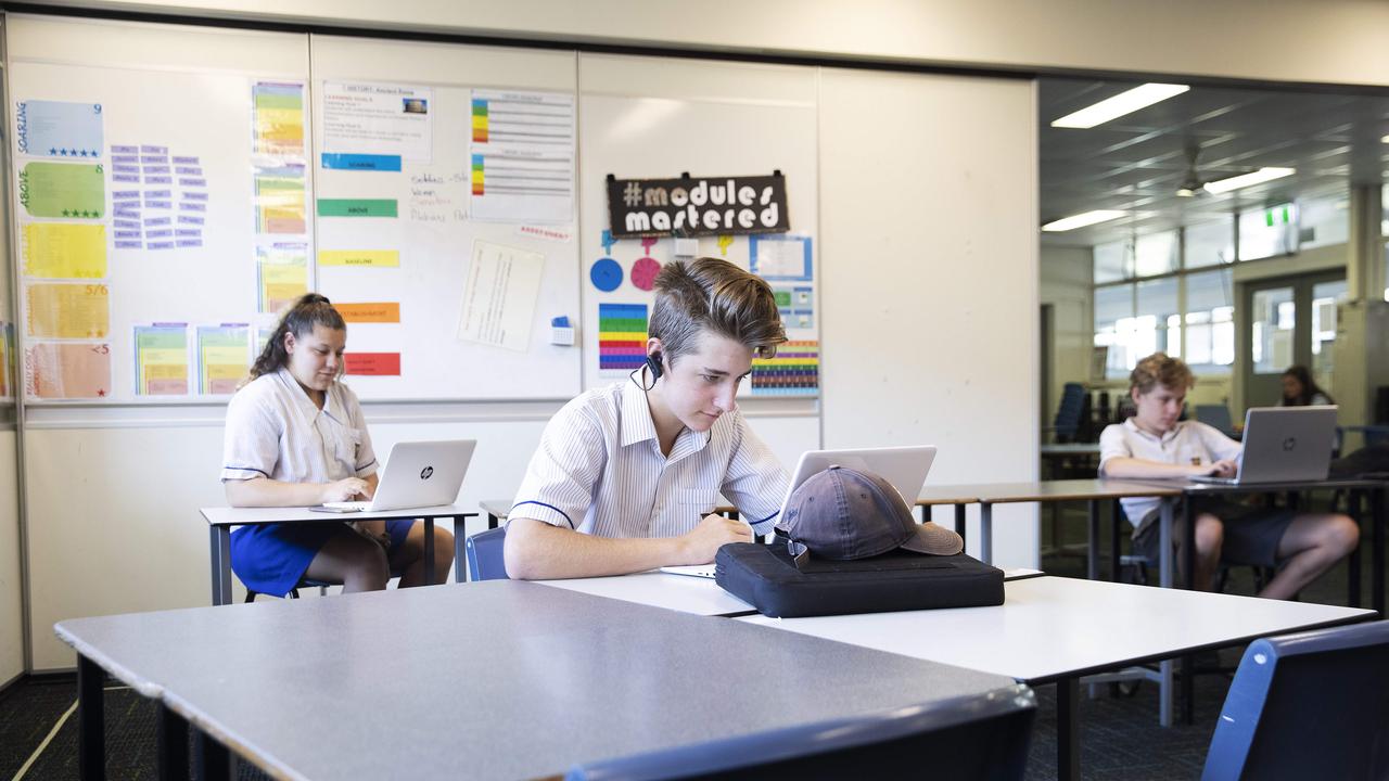 Aussie students learning and practising social distancing for the return to school. Picture: Attila Csaszar/AAP