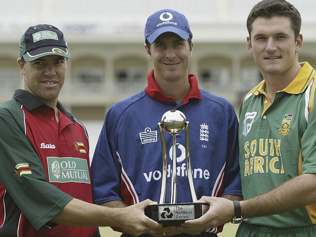 Heath Streak of Zimbabwe alongside Michael Vaughan of England and Graeme Smith of South Africa.