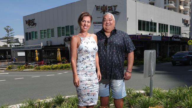 Hospitality identity Tony Rigas and entertainment promoter and founder of Aerial Angels Australia Sue Porrett in front of the old East nightclub building they plan to relaunch as a “next level” venue. Picture: Glenn Hampson