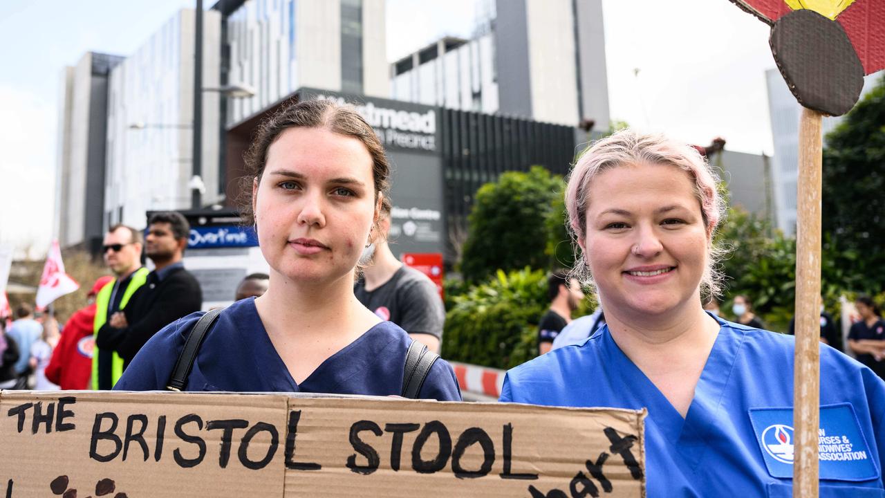 Anna Zbikowsky and Regina Spadaveccia took part in the picket line outside Westmead Hospital. Picture: James Gourley