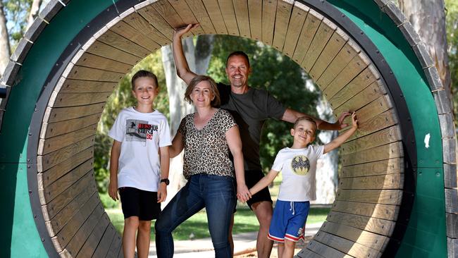 Sue and Lincoln Gabel with sons Zane and Nate at Bonython Park Playground. Picture: Tricia Watkinson