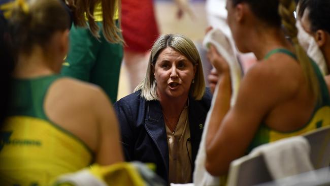 CAPE TOWN, SOUTH AFRICA - AUGUST 06: Stacey Marinkovich (Head Coach) of Australia chats with players during the Netball World Cup 2023, final match between England and Australia at Cape Town International Convention Centre, Court 1 on August 06, 2023 in Cape Town, South Africa. (Photo by Ashley Vlotman/Gallo Images/Netball World Cup 2023 via Getty Images)
