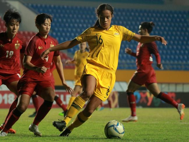 Mary Fowler playing for the Young Matildas. Pic: AAP