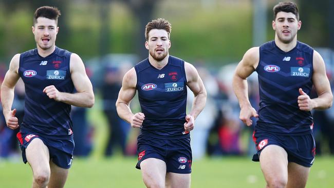 Alex Neal-Bullen, Jack Viney and Christian Petracca go through their paces. Pic: Getty Images