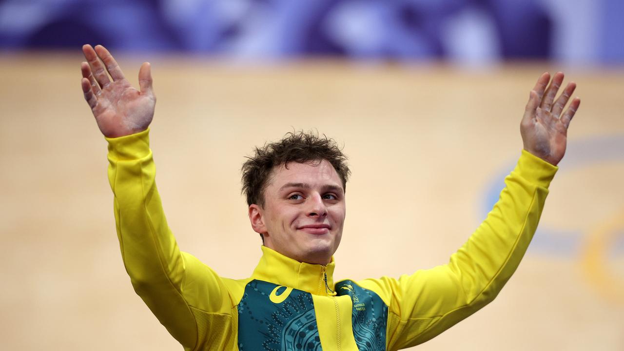 Silver medalist Matthew Richardson poses on the podium after the Men's Keirin, Final on day sixteen of the Olympic Games Paris 2024 at Saint-Quentin-en-Yvelines Velodrome on August 11, 2024 in Paris, France. (Photo by Jared C. Tilton/Getty Images)