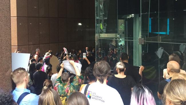 Protesters gather outside Sydney’s Sunrise in Martin Place. Picture: Twitter / @edinthewater