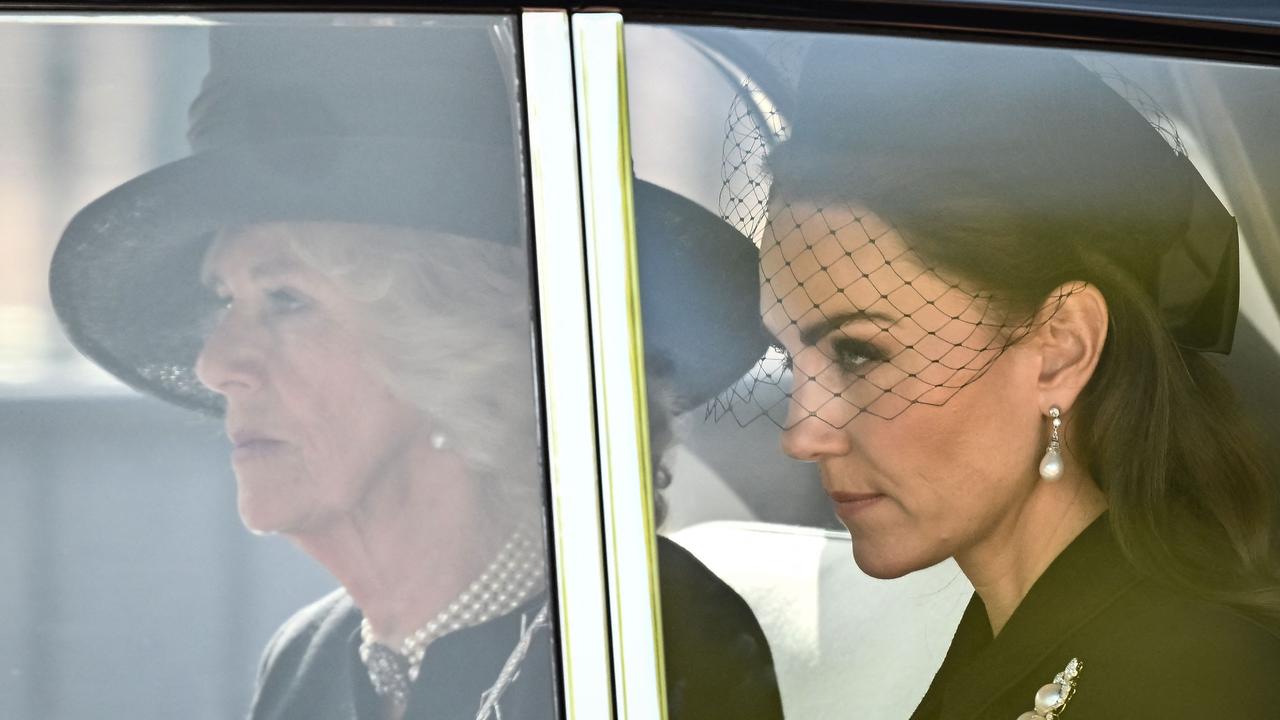 Catherine, Princess of Wales, travelled to Westminster Hall with the Queen Consort, Camilla. (Photo by Marco BERTORELLO / AFP)