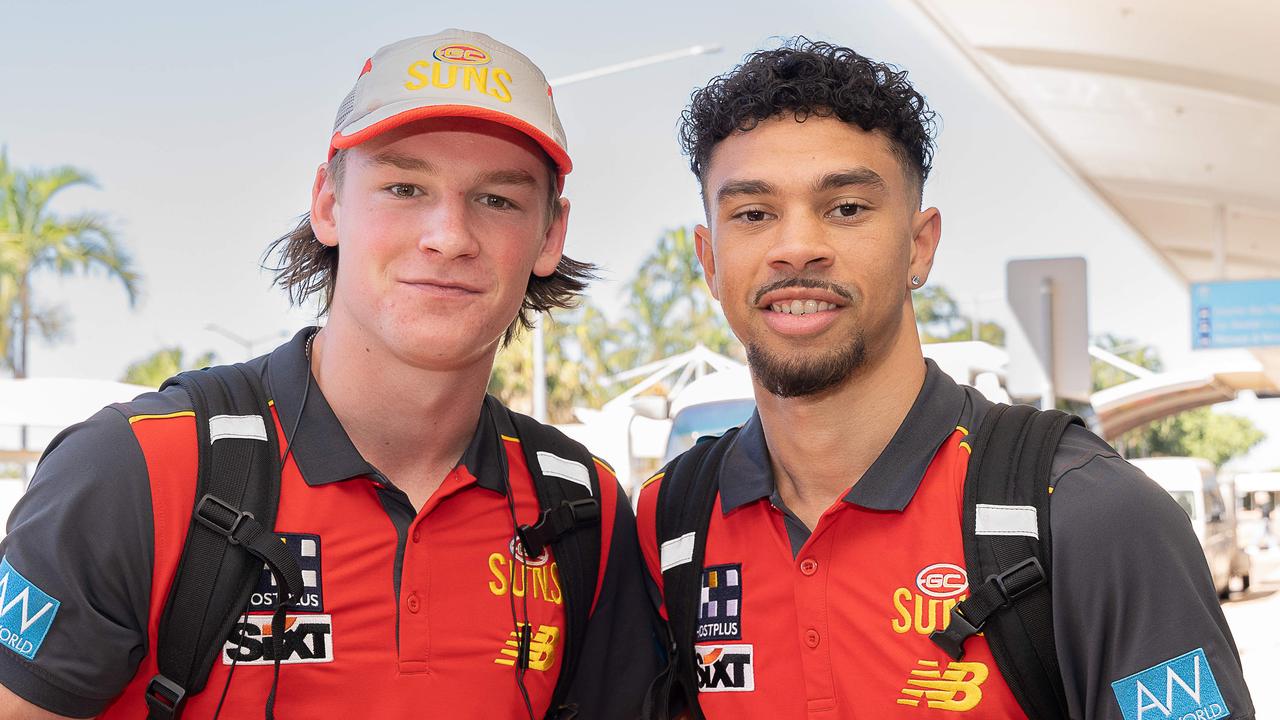 Gold Coast Suns players Bailey Humphrey and Malcolm Rosas after touching down in Darwin. Picture: Pema Tamang Pakhrin