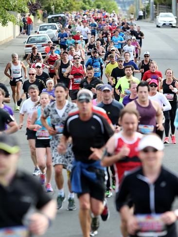 2014 Point to Pinnacle. runners head up Davey St in South Hobart